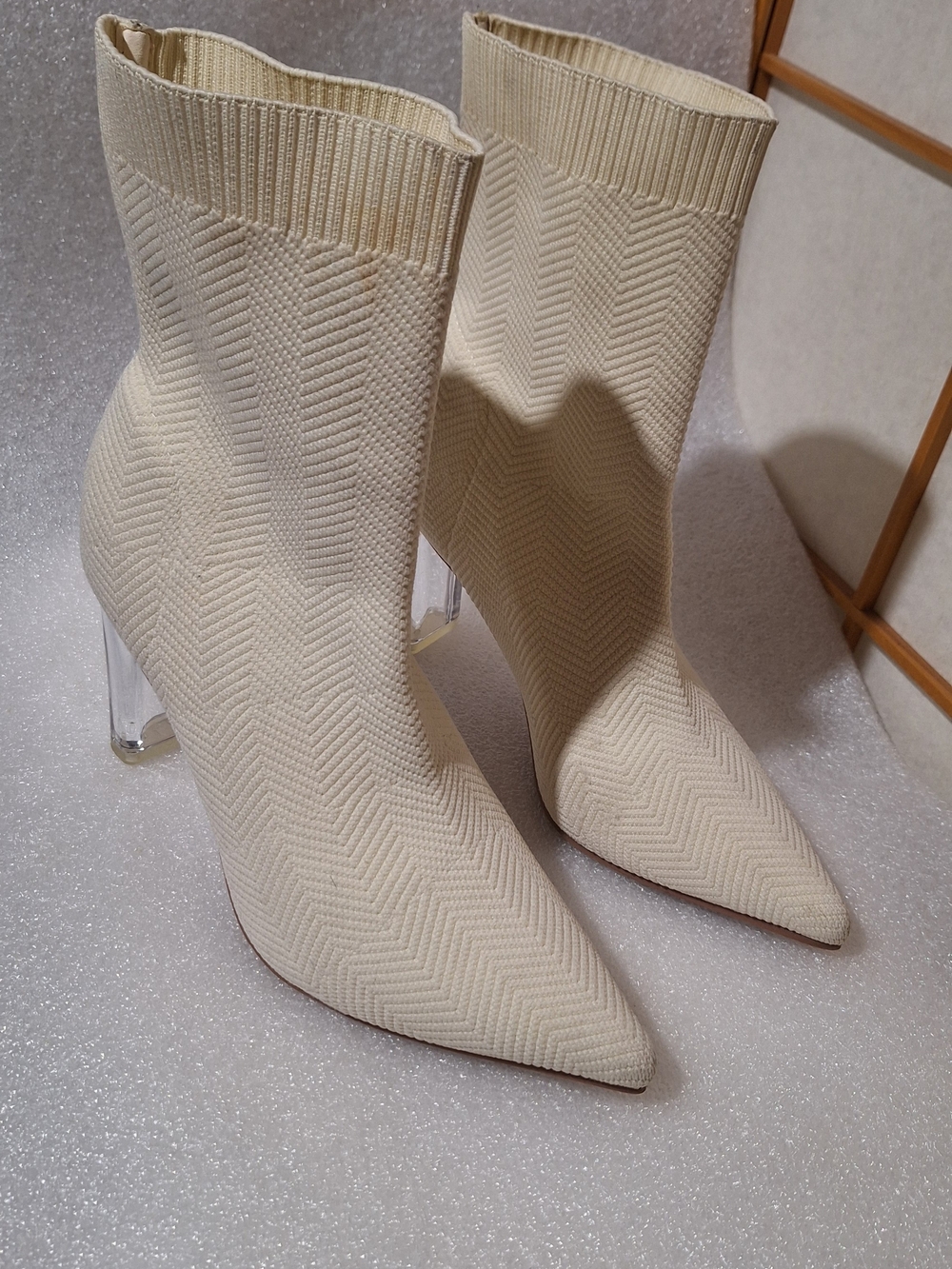Cream Knit Sock Booties with Clear Block Heel